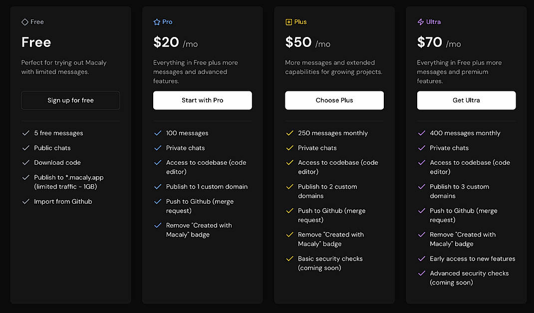 Pricing screenshot