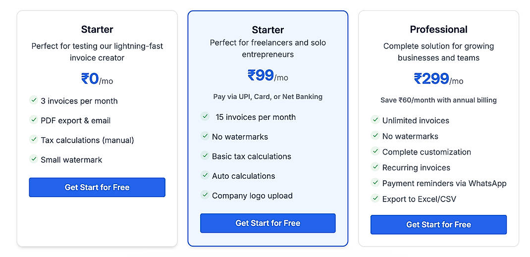 Pricing screenshot