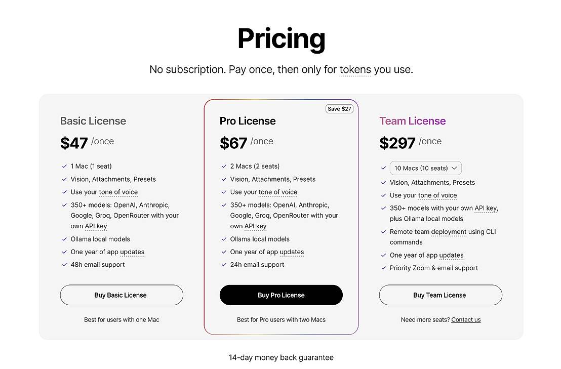 Pricing screenshot