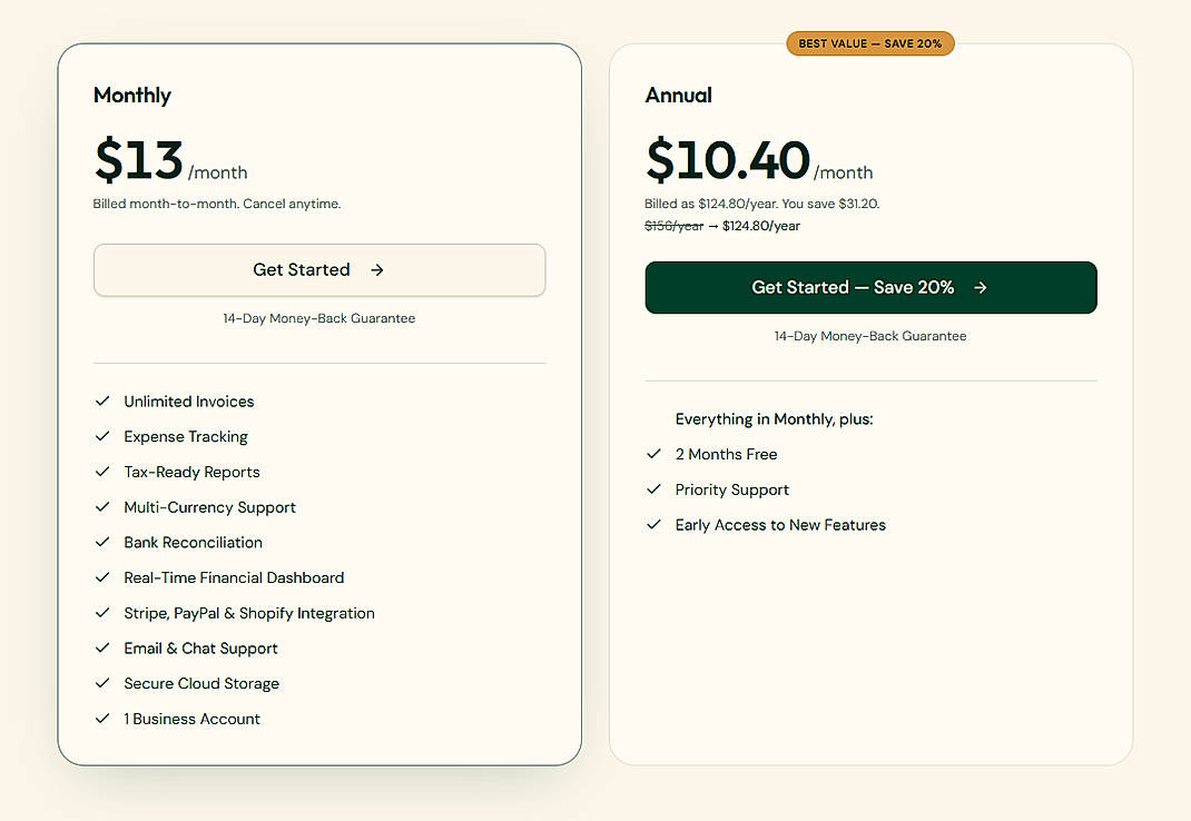 Pricing screenshot