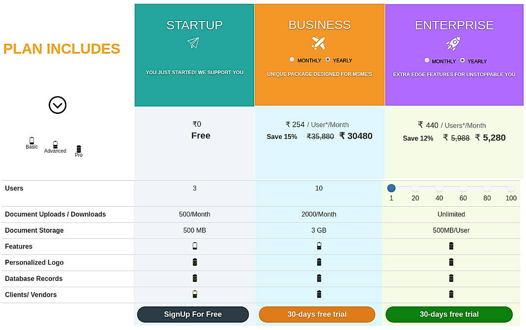 Pricing screenshot