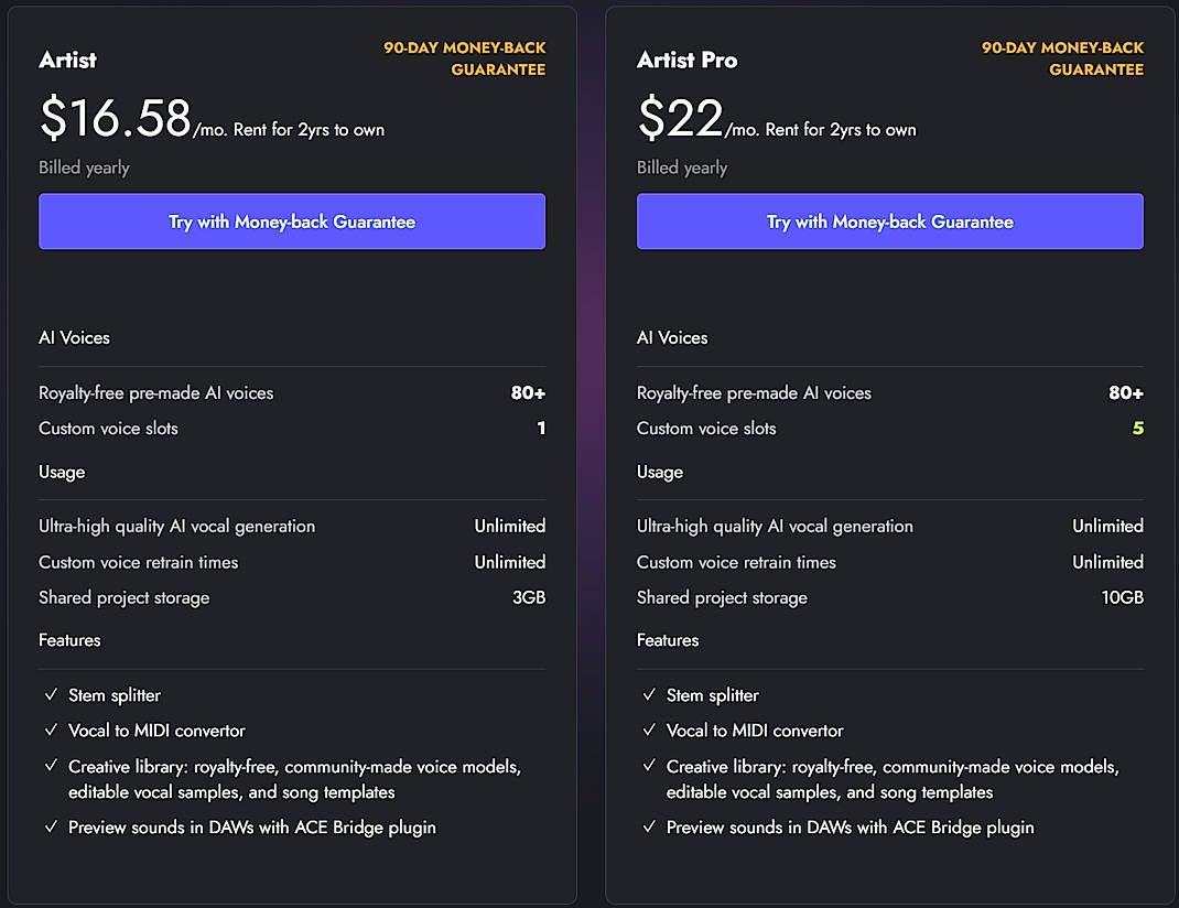Pricing screenshot