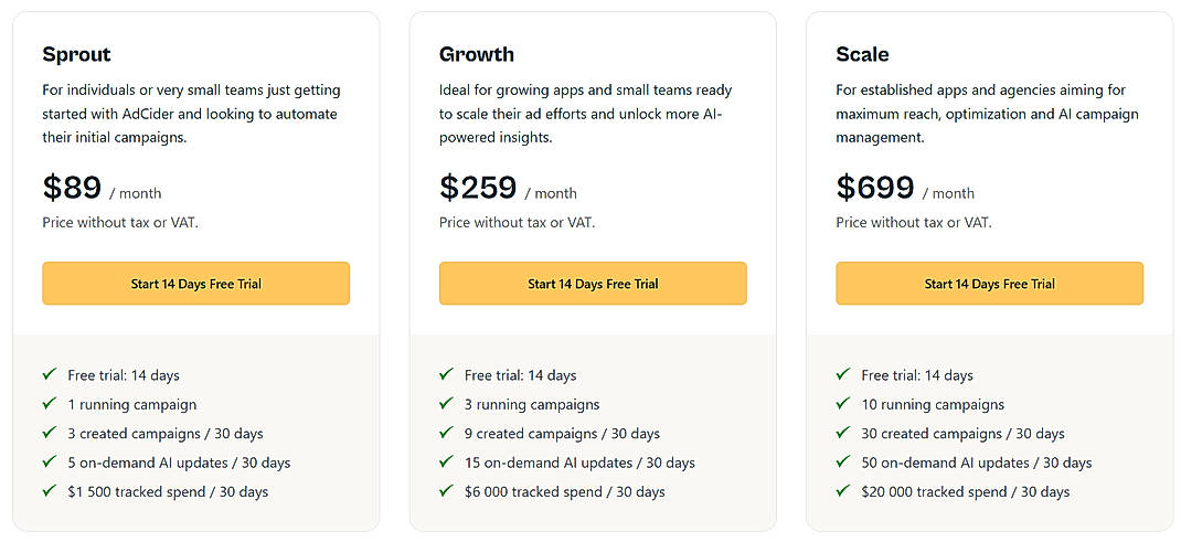 Pricing screenshot