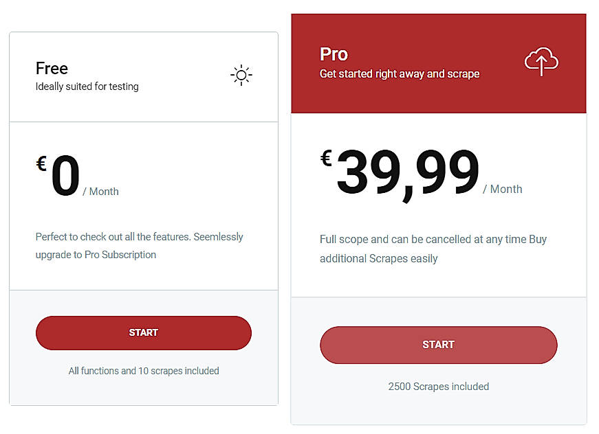 Pricing screenshot