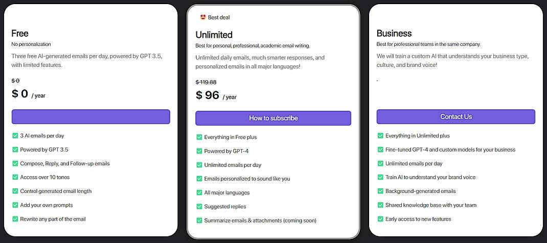 Pricing screenshot