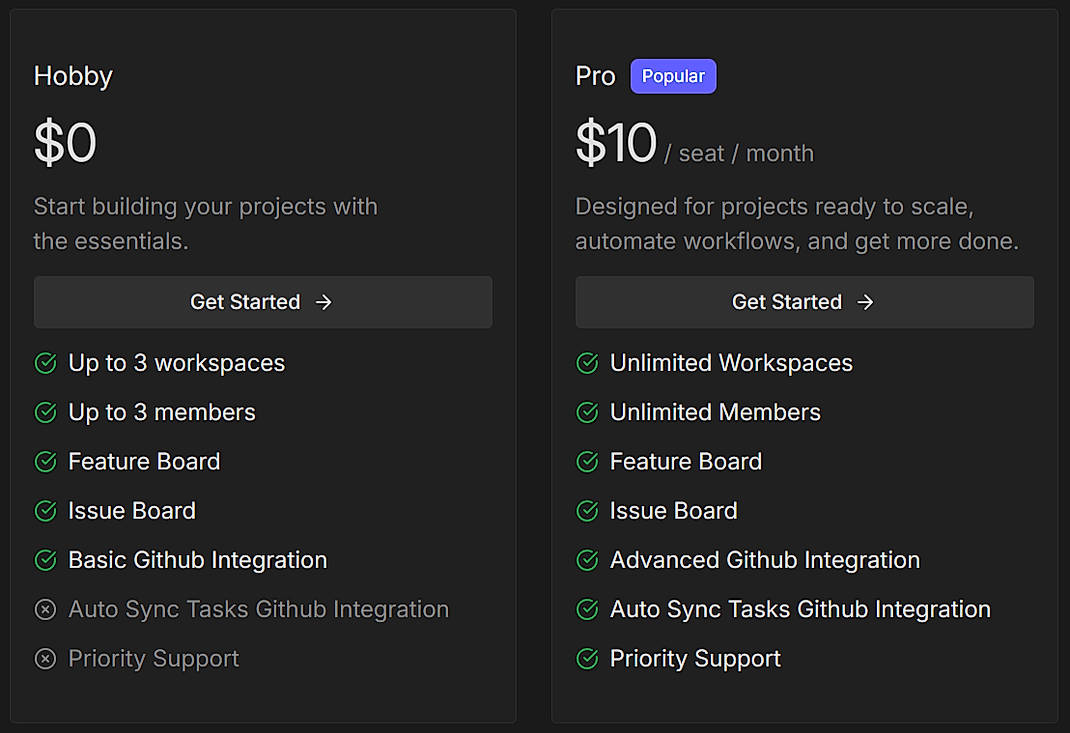 Pricing screenshot