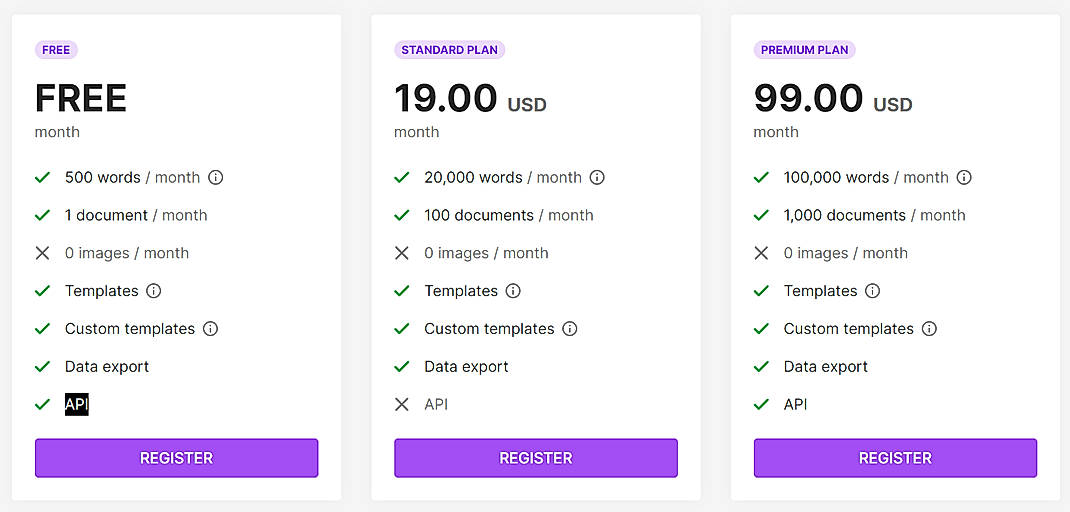 Pricing screenshot