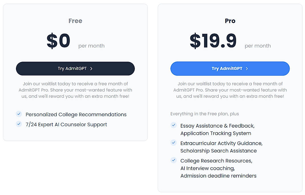 Pricing screenshot