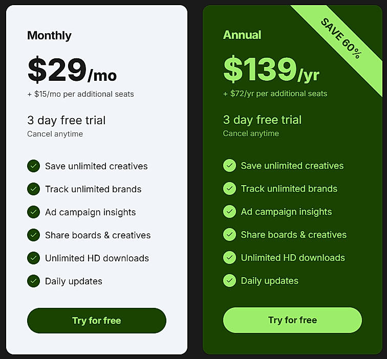 Pricing screenshot