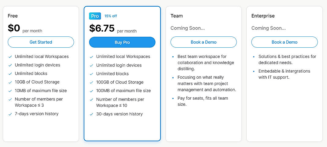 Pricing screenshot