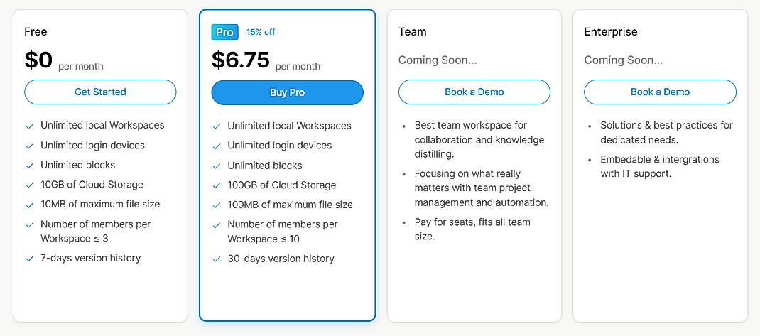 Pricing screenshot