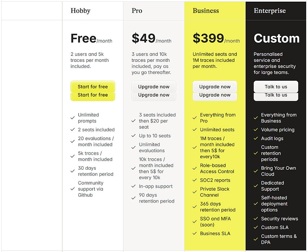 Pricing screenshot