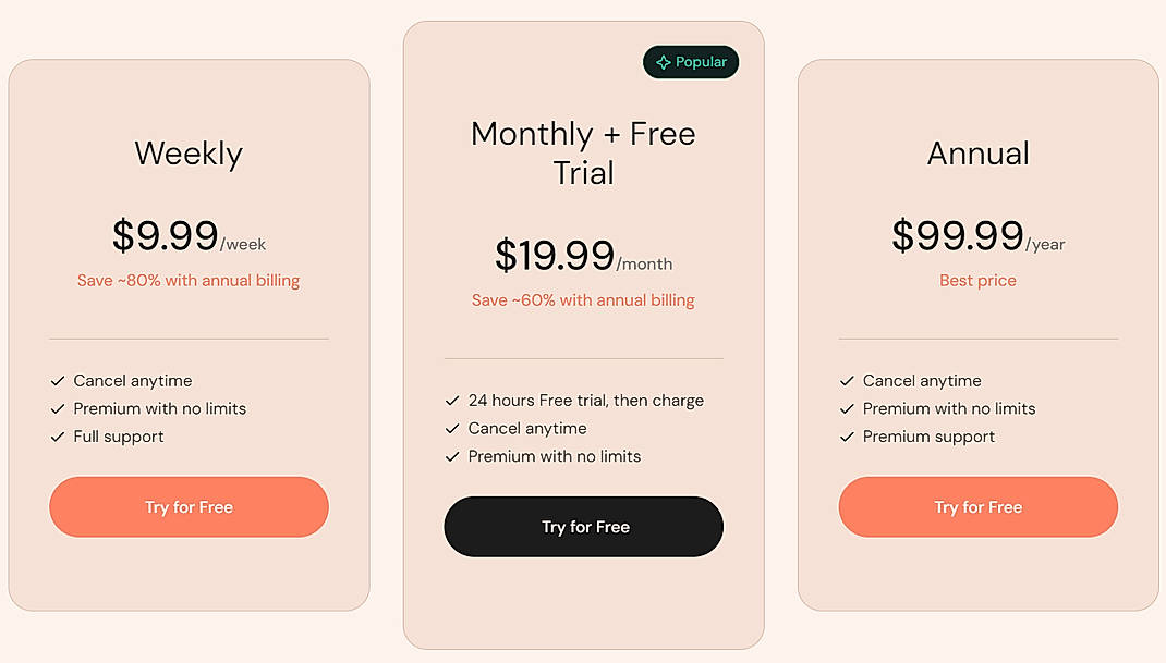 Pricing screenshot