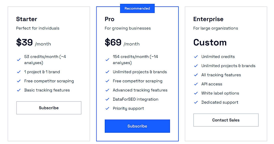 Pricing screenshot