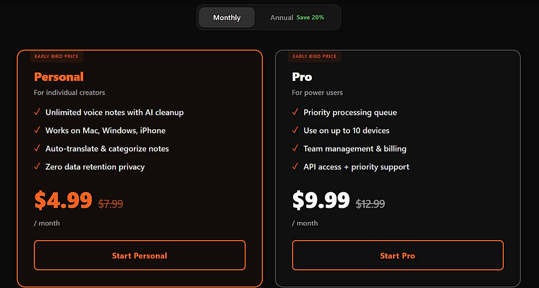 Pricing screenshot