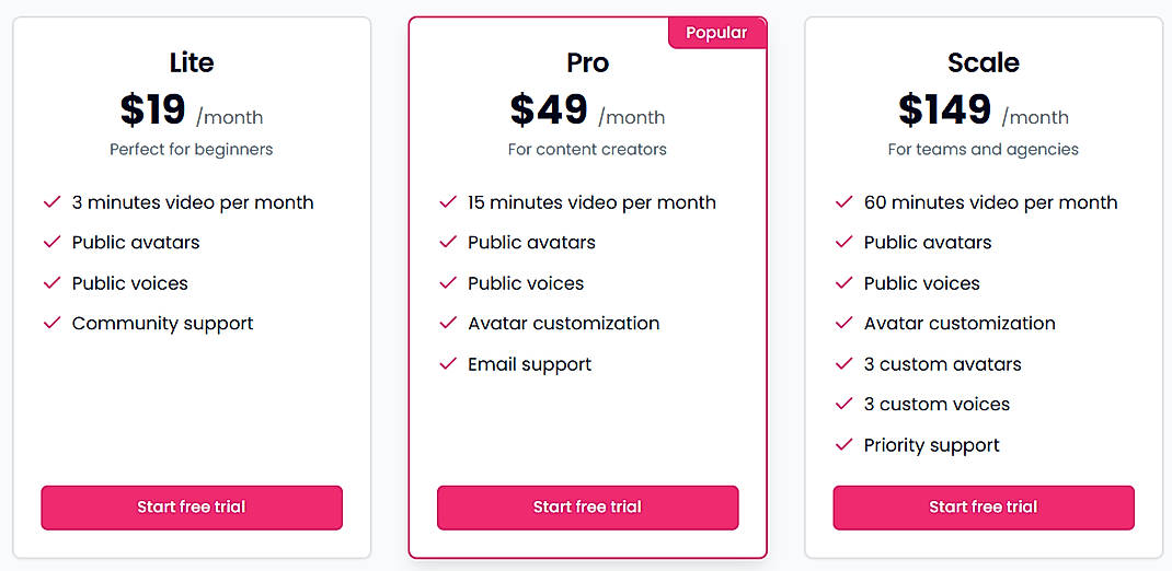 Pricing screenshot