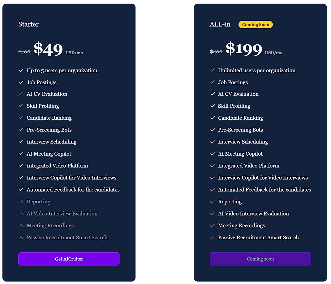 Pricing screenshot
