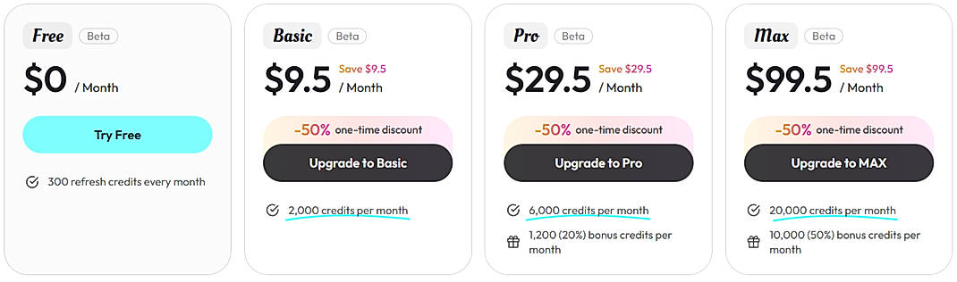 Pricing screenshot