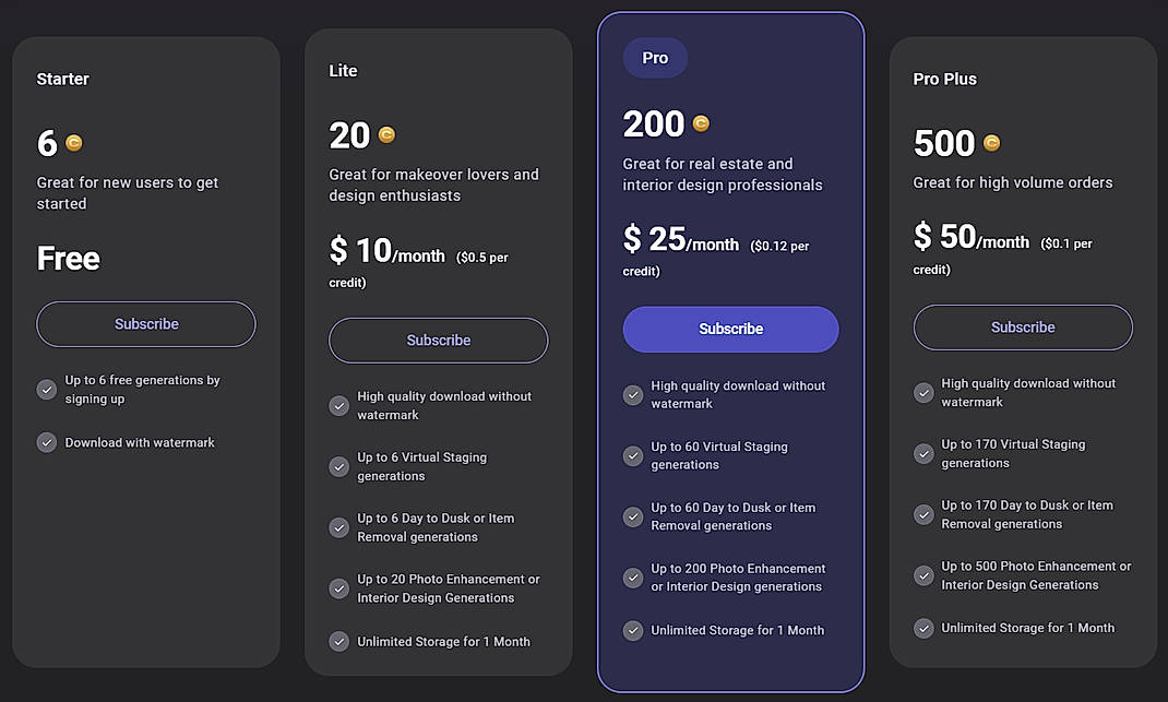 Pricing screenshot