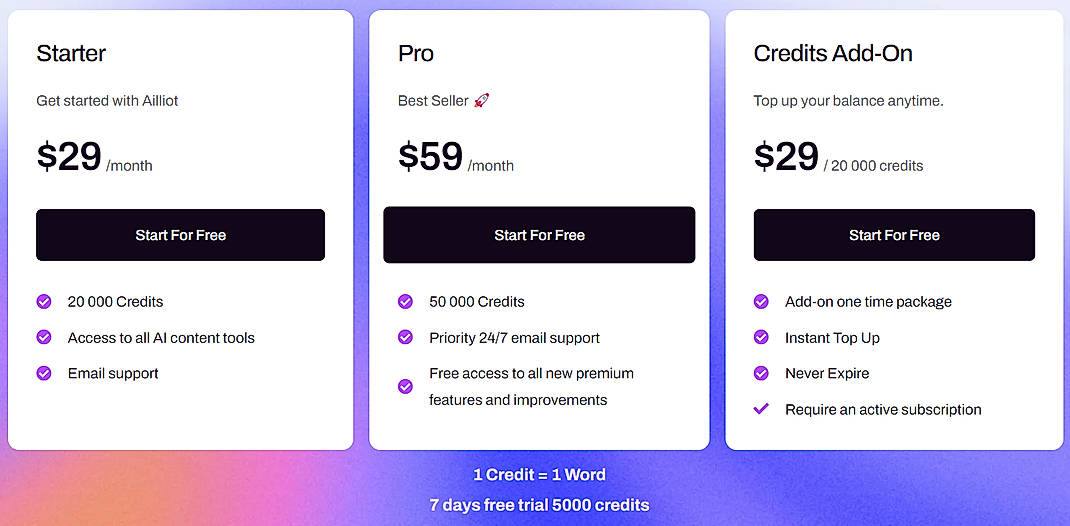 Pricing screenshot