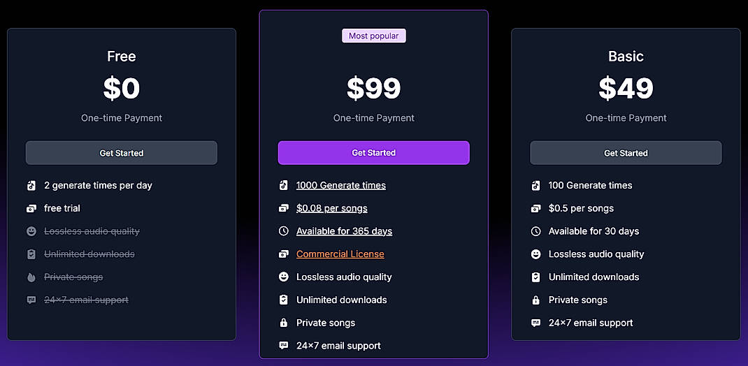 Pricing screenshot