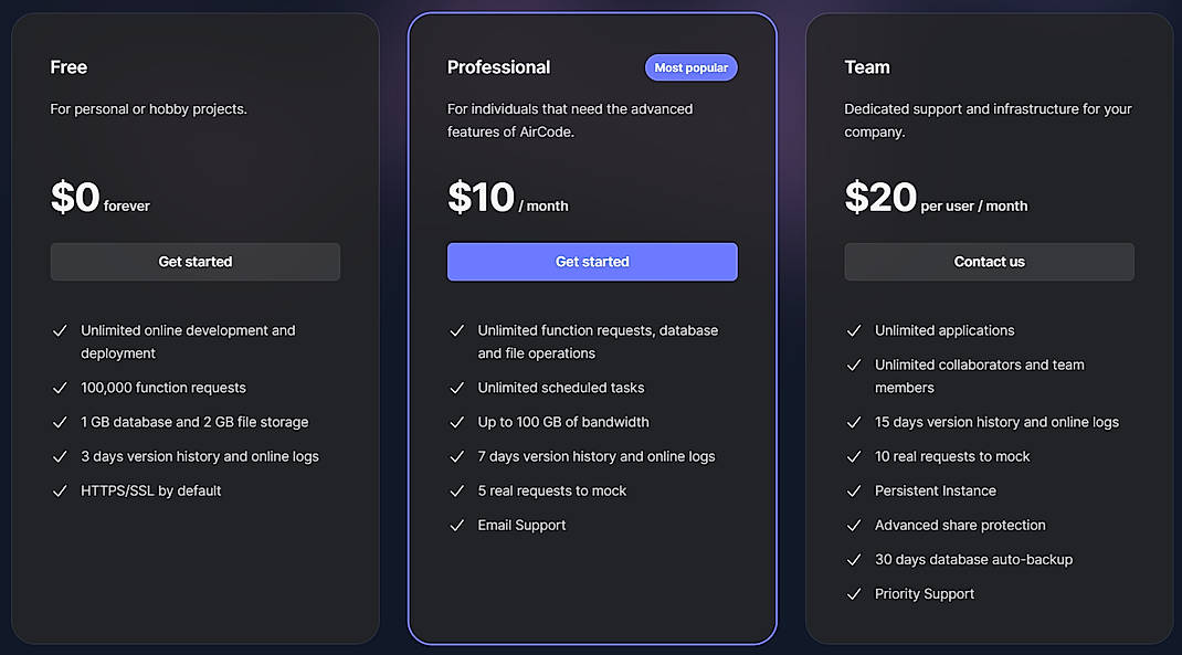 Pricing screenshot