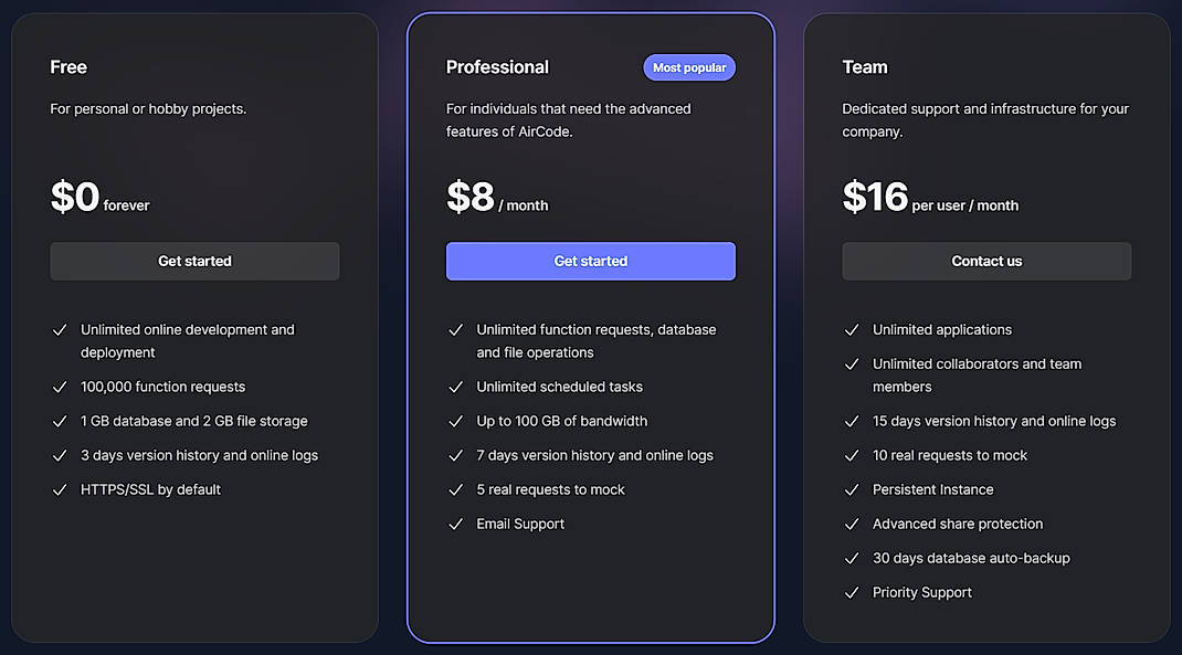Pricing screenshot