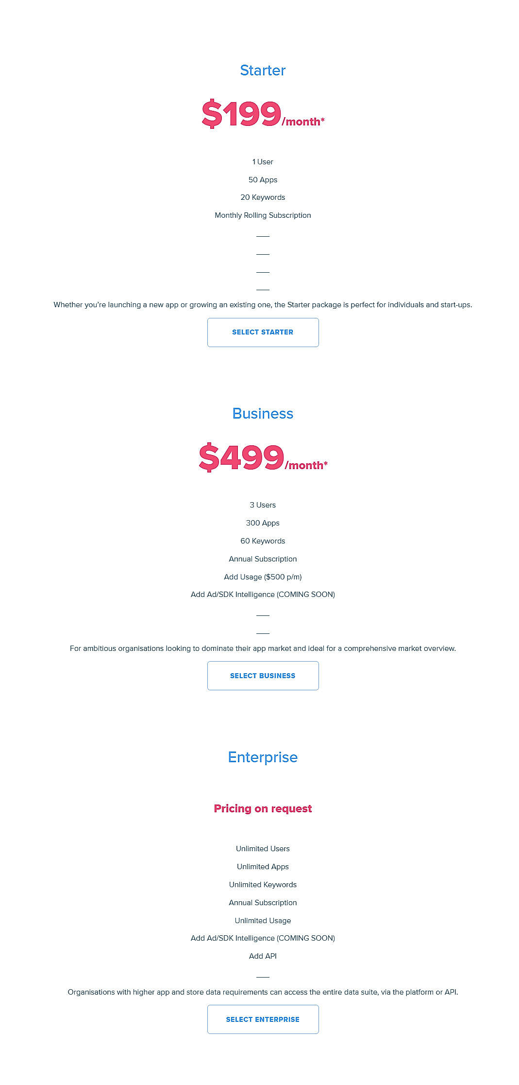 Pricing screenshot