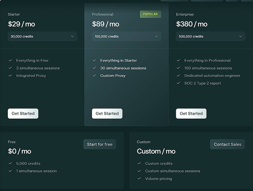 Pricing screenshot