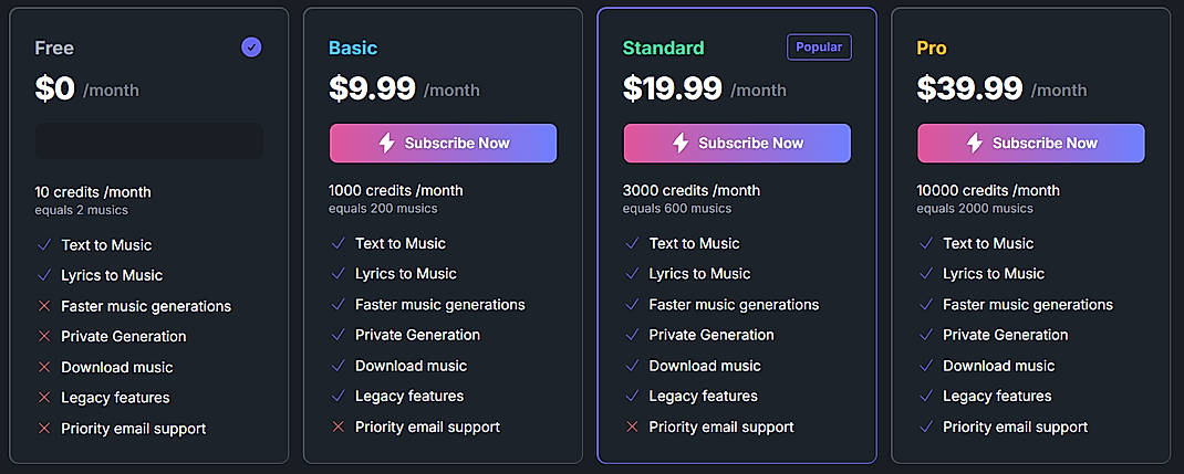 Pricing screenshot
