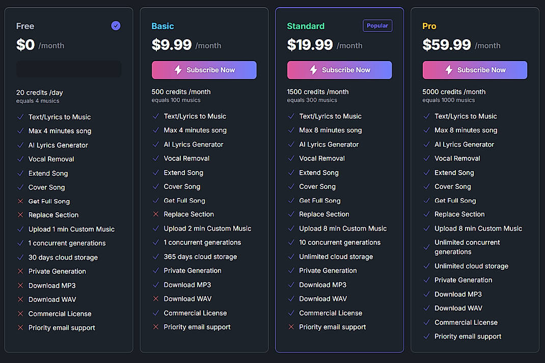 Pricing screenshot
