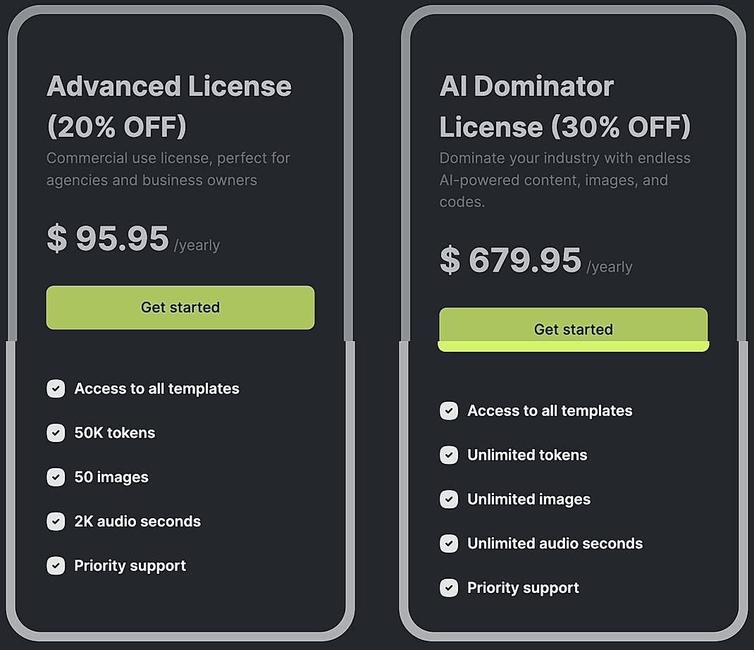 Pricing screenshot