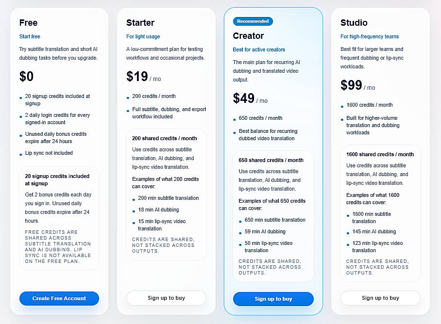 Pricing screenshot