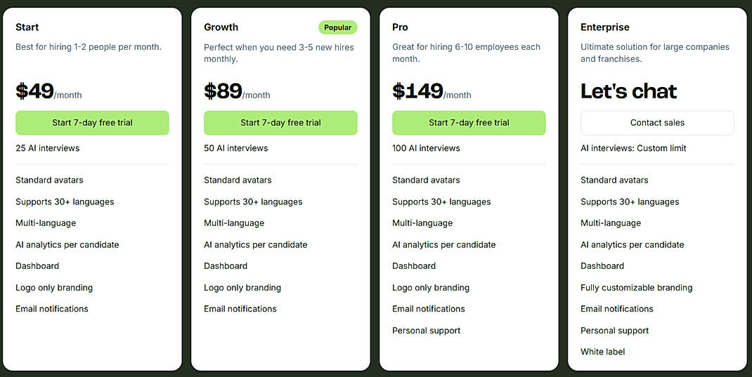 Pricing screenshot