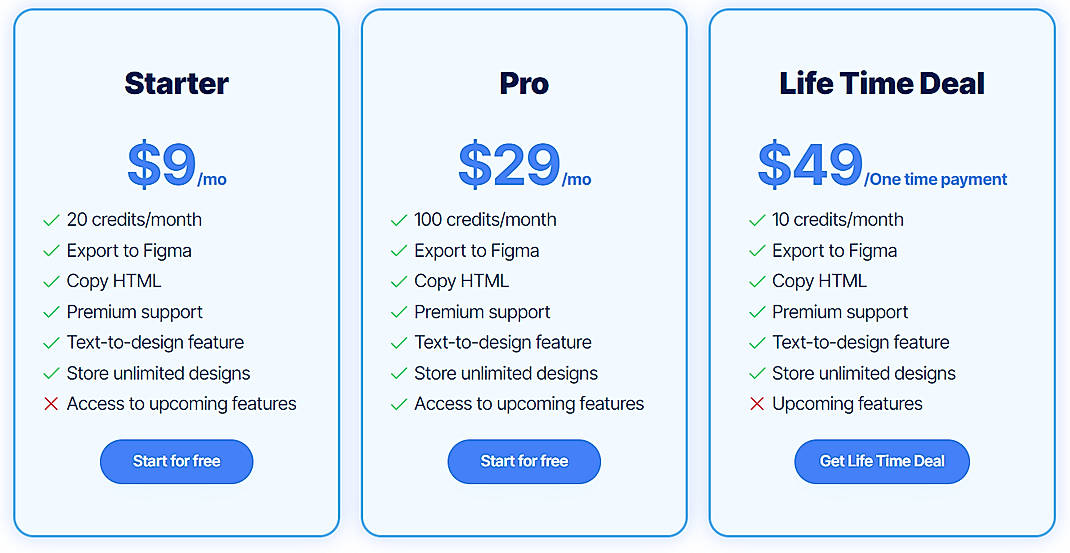Pricing screenshot