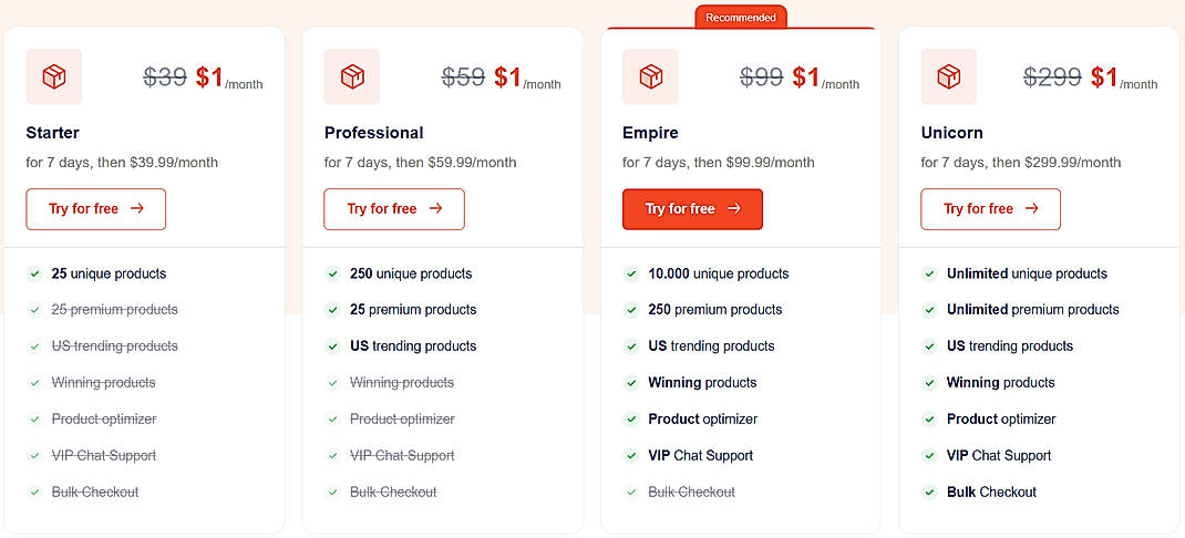 Pricing screenshot