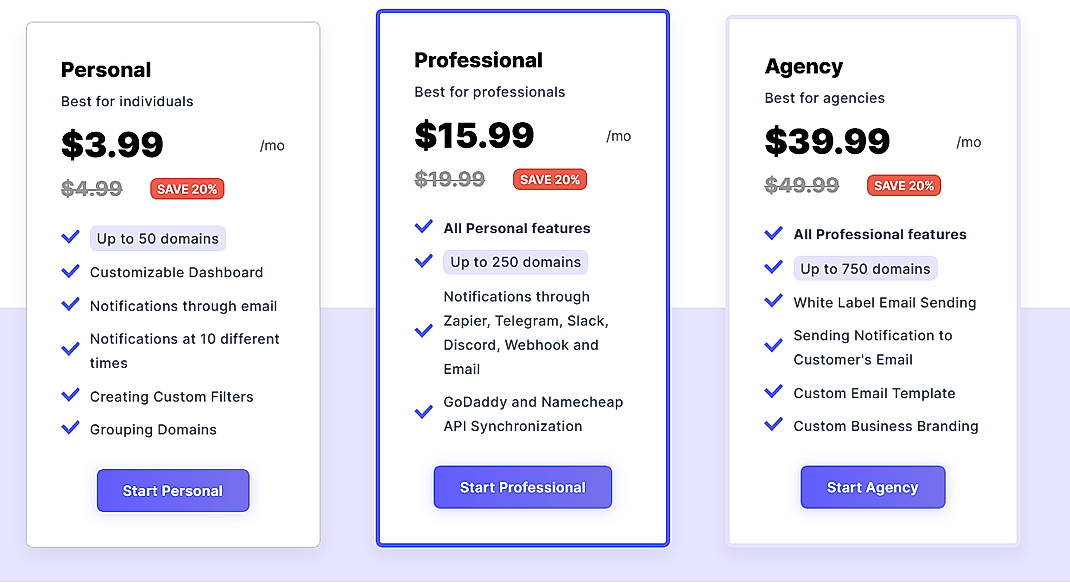 Pricing screenshot