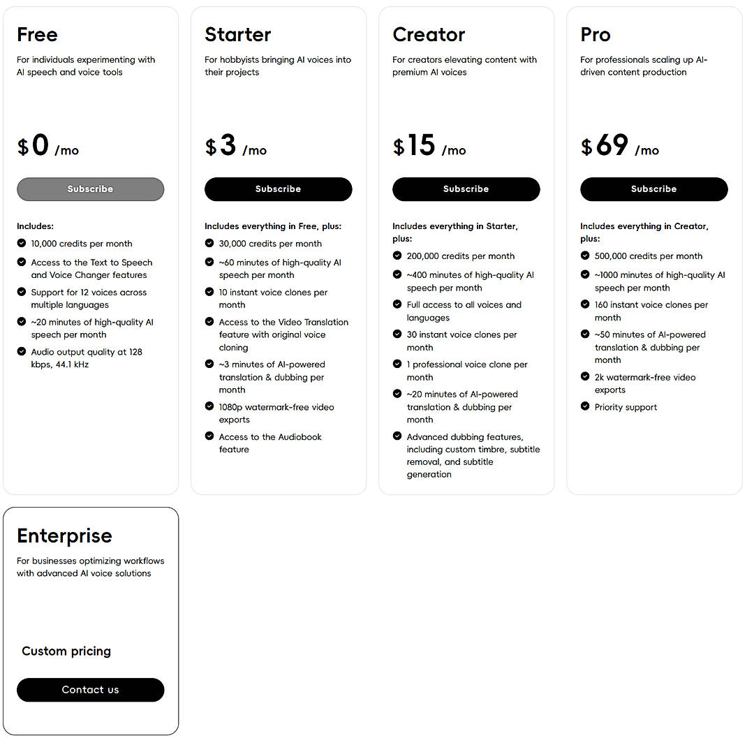 Pricing screenshot