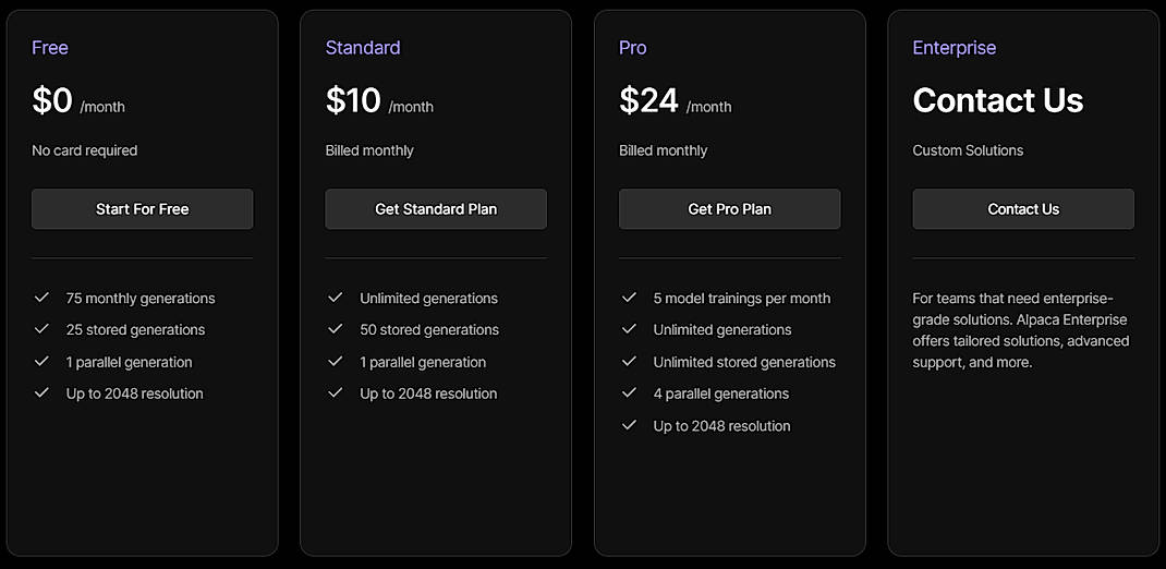 Pricing screenshot