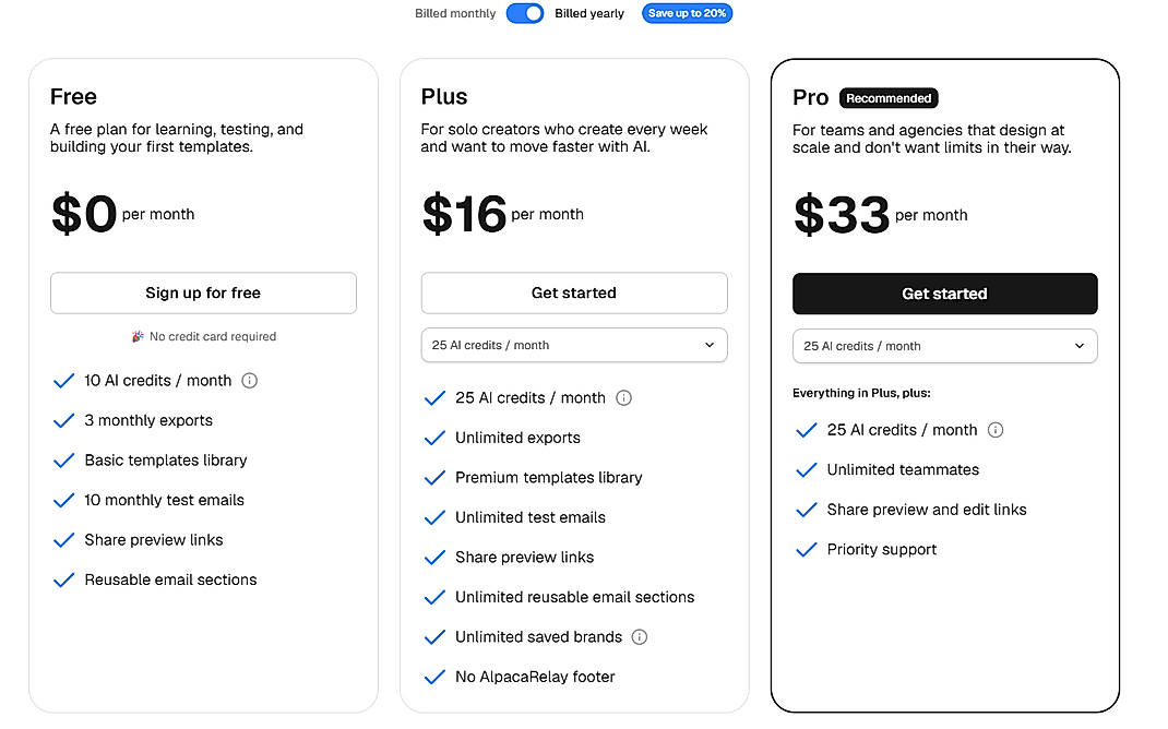 Pricing screenshot