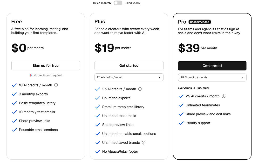 Pricing screenshot