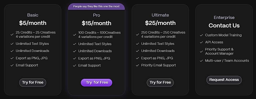Pricing screenshot