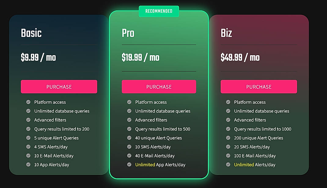 Pricing screenshot