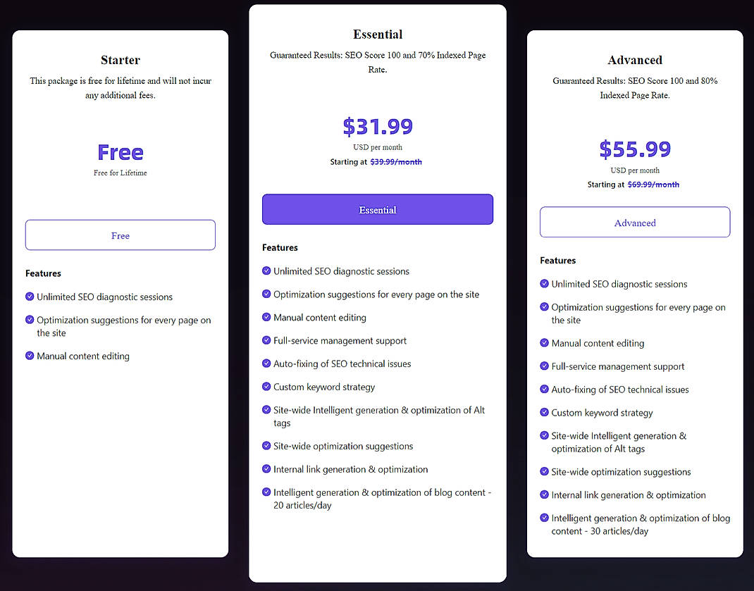Pricing screenshot
