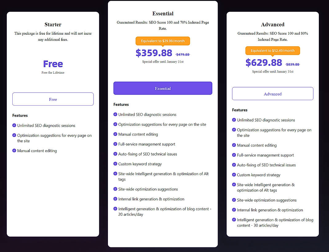 Pricing screenshot
