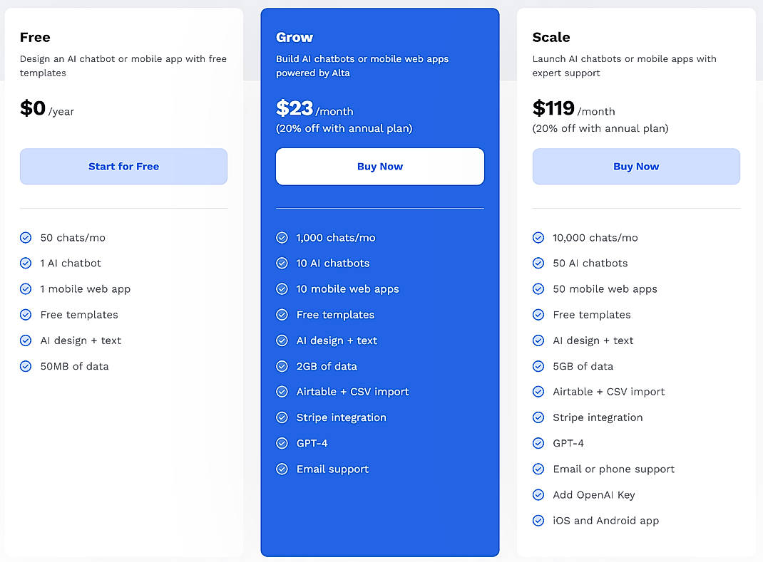 Pricing screenshot