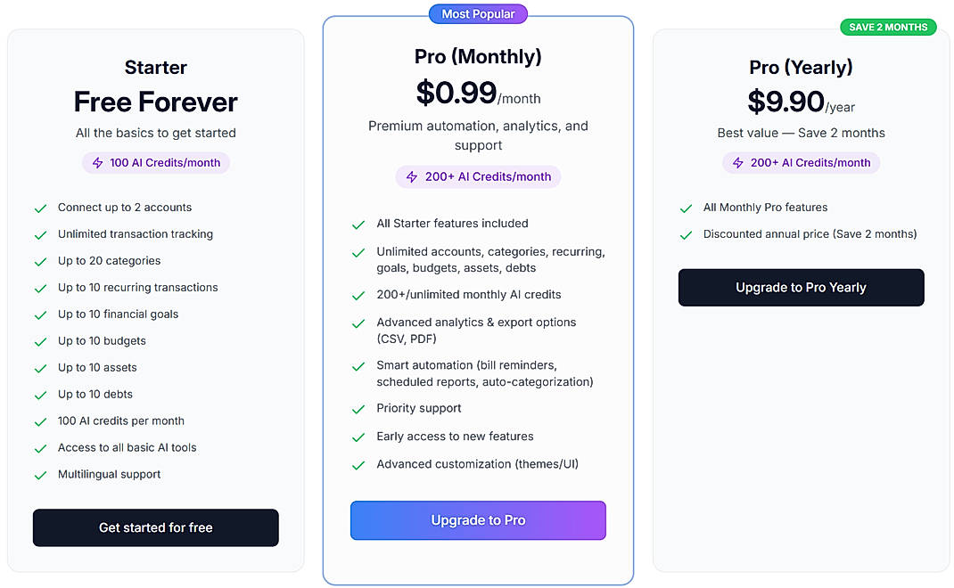 Pricing screenshot