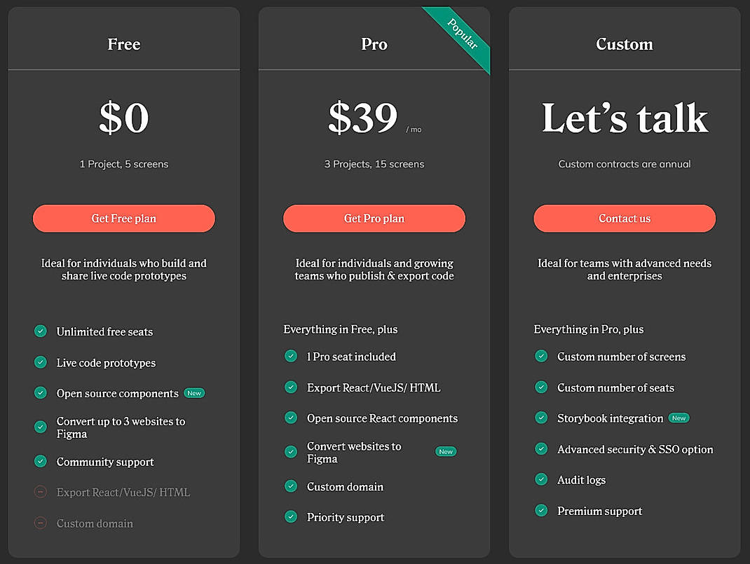 Pricing screenshot