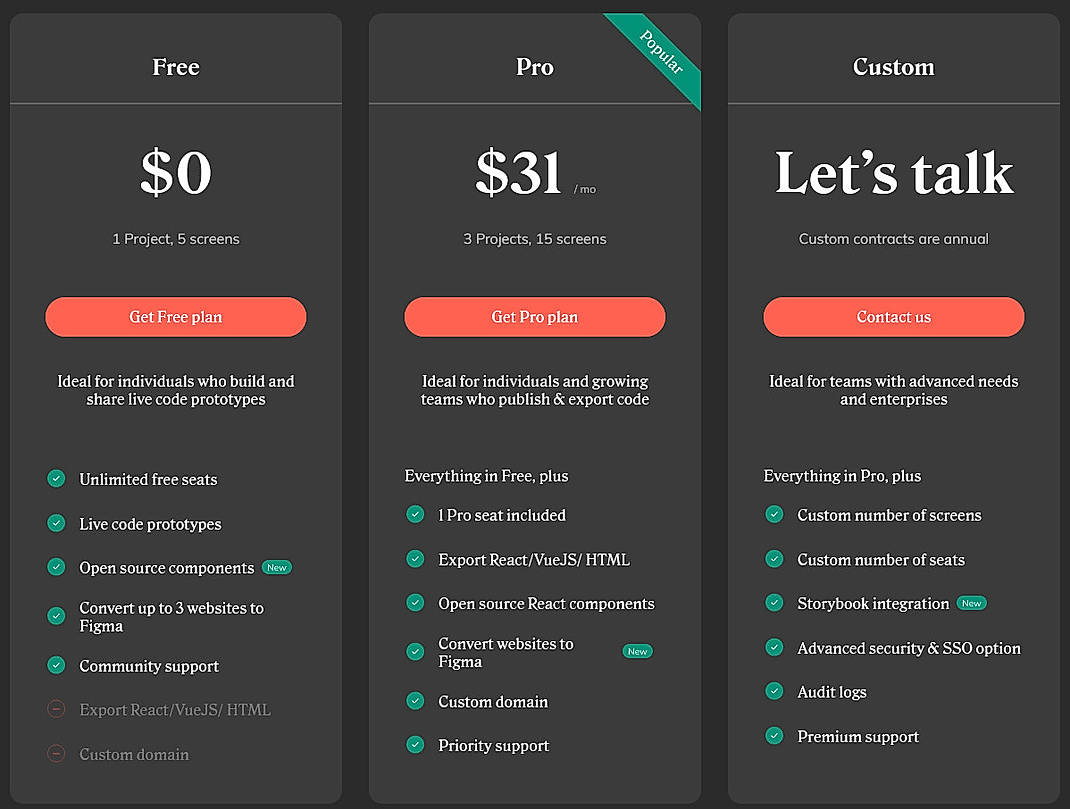 Pricing screenshot