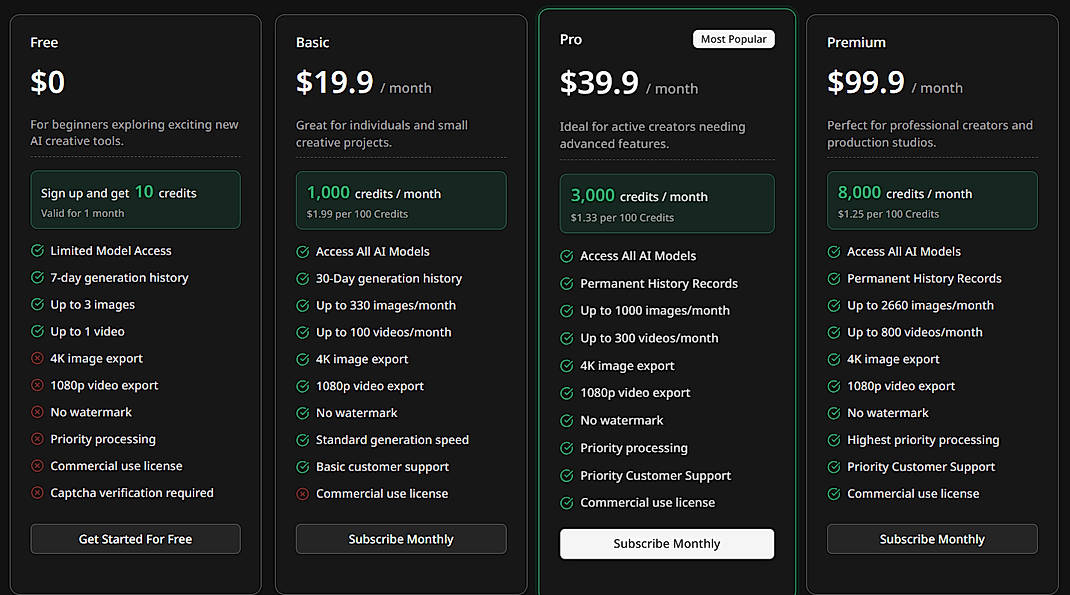 Pricing screenshot